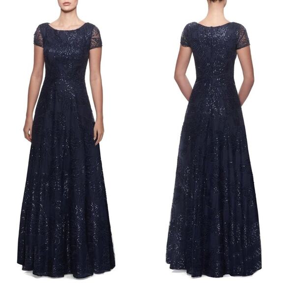 La Femme Sequin Floral Gown 6 Blue NEW - Picture 9 of 10